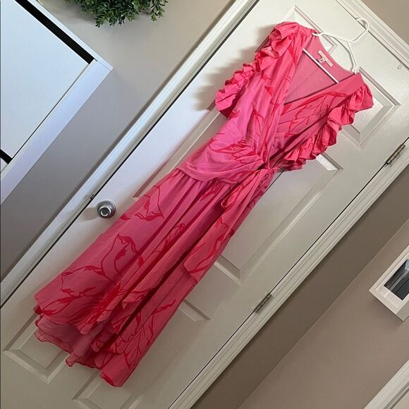 Anthropologie Hutch Beck Ruffled V-Neck Wrap Midi Dress floral pink size XL - Picture 5 of 12